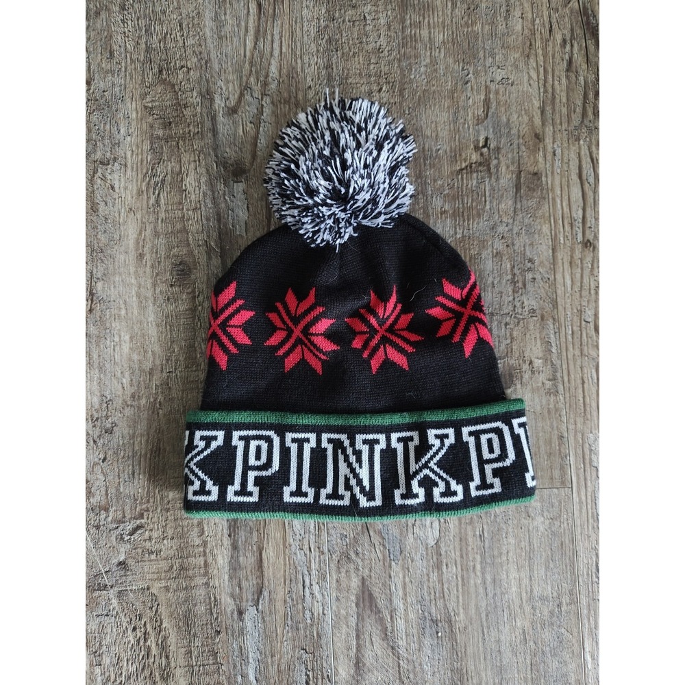 Victoria's Secret PINK Snowflake Beanie Winter Hat w/ Pom Pom Black Red NWOT